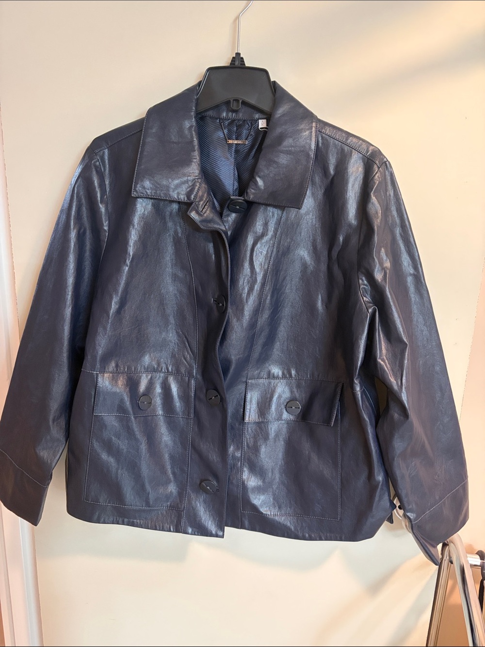 Chico's Dark Navy Faux Leather Button Jacket
